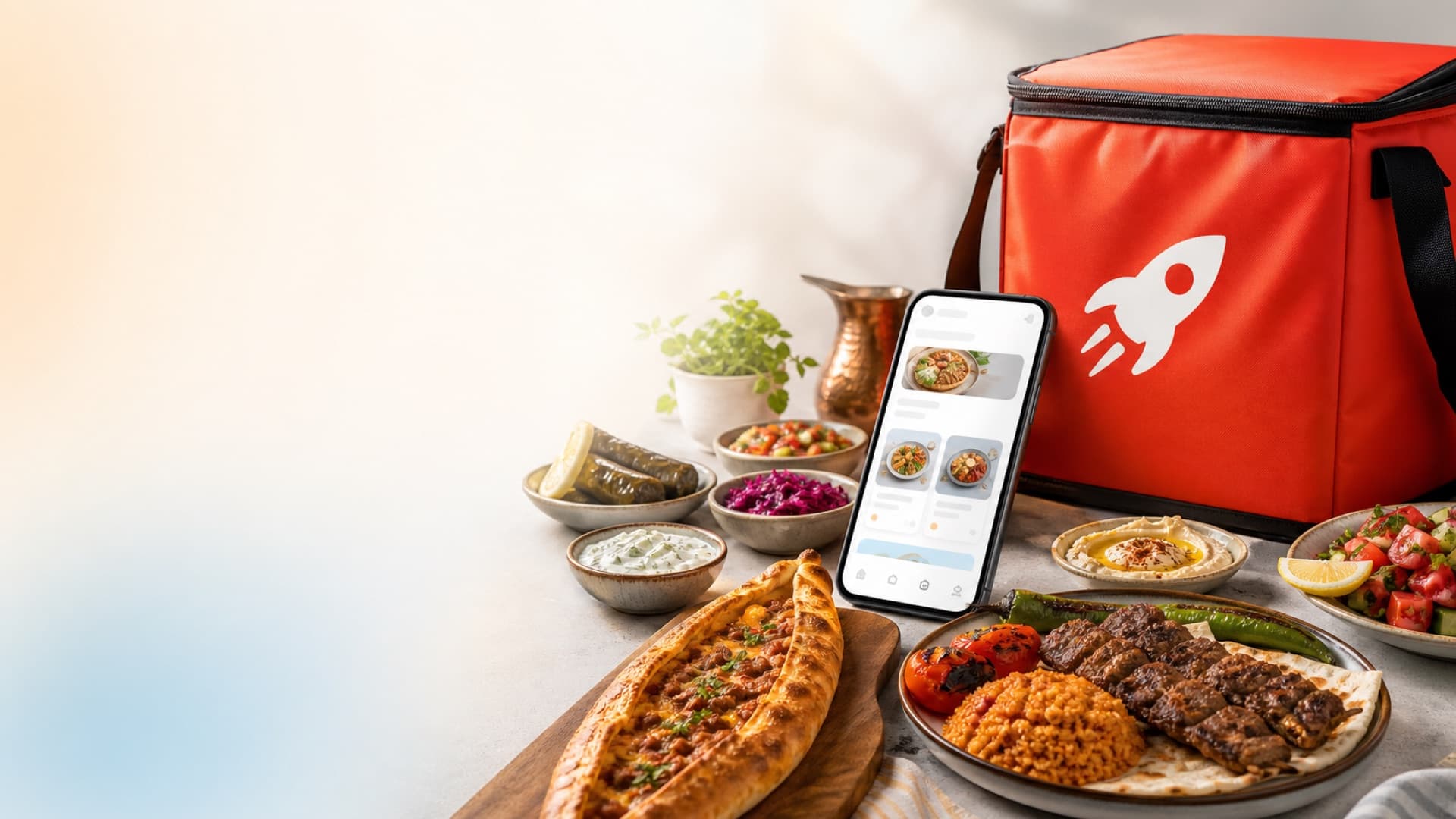 Roket Yemek teslimat çantası, mobil uygulama ve Türk yemekleri